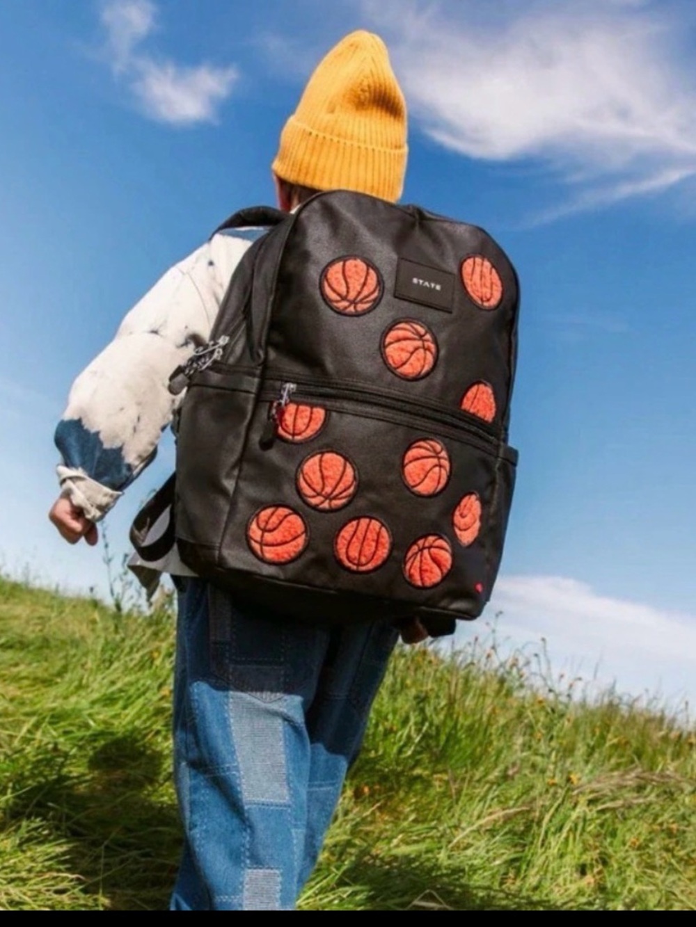 STATE Kane Double Pocket Backpack in Fuzzy Orange Basketball